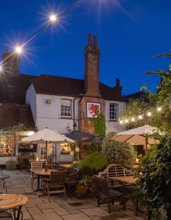 outdoor pub patio with tables, chairs, greenery, and string lights