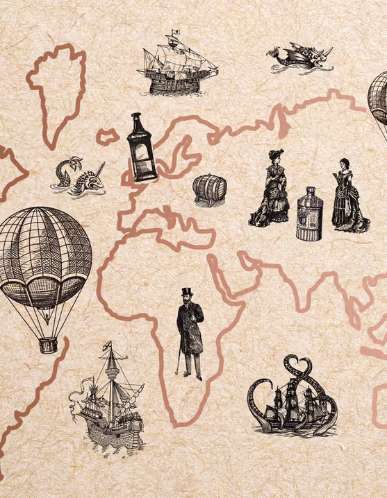 world map with explorer in hot air balloon